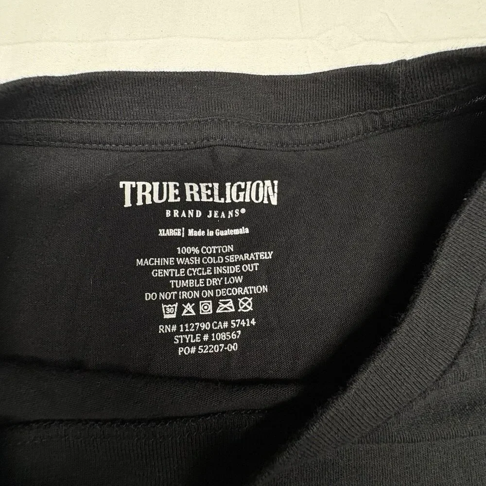True Religion Mens XL Black T-Shirt Red Horseshoe Logo Cotton Crew Neck Tee